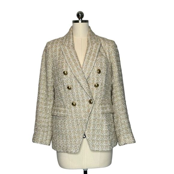 Express Cream Gold Metallic Double Breasted Tweed Blazer | S - Picture 8 of 11